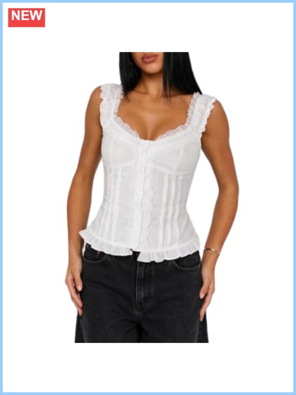 Y2K Spaghetti Strap Deep V Neck Lace Trim Button Ruched Crop Cami